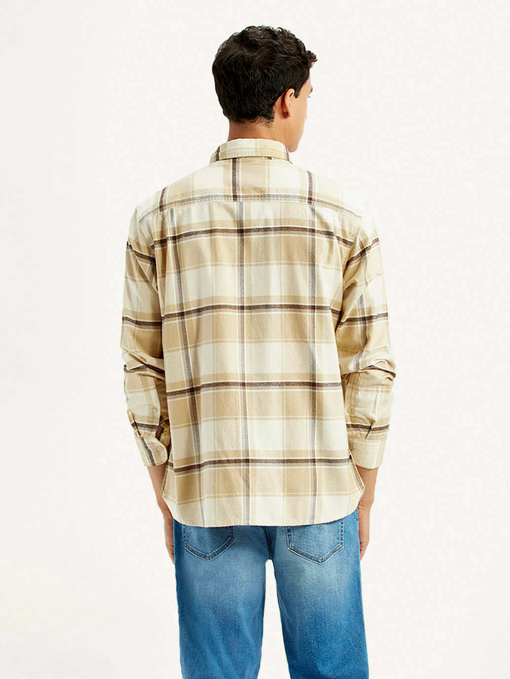 Men's Checkered Beige Flannel Relaxed Fit Shirt - Image 3