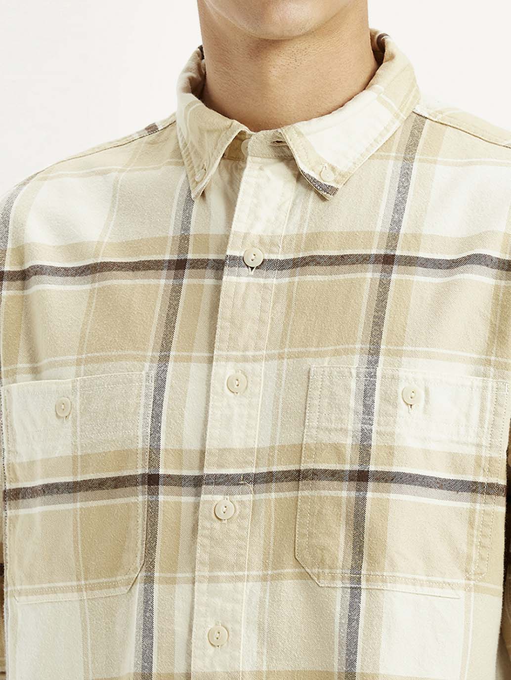 Men's Checkered Beige Flannel Relaxed Fit Shirt - Image 4