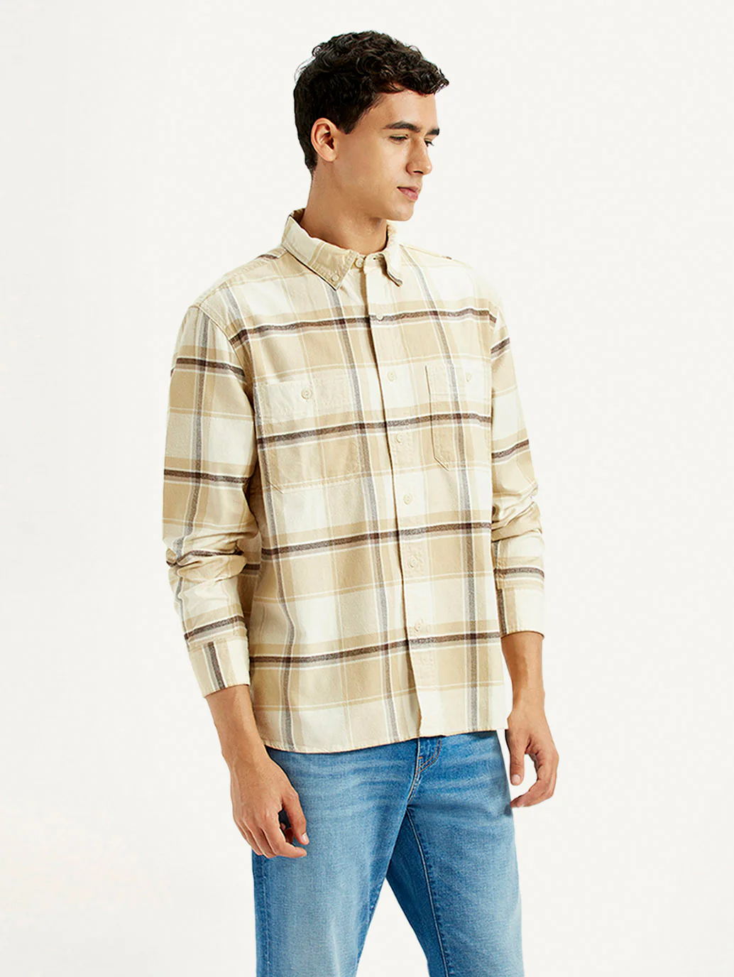 Men's Checkered Beige Flannel Relaxed Fit Shirt - Image 5