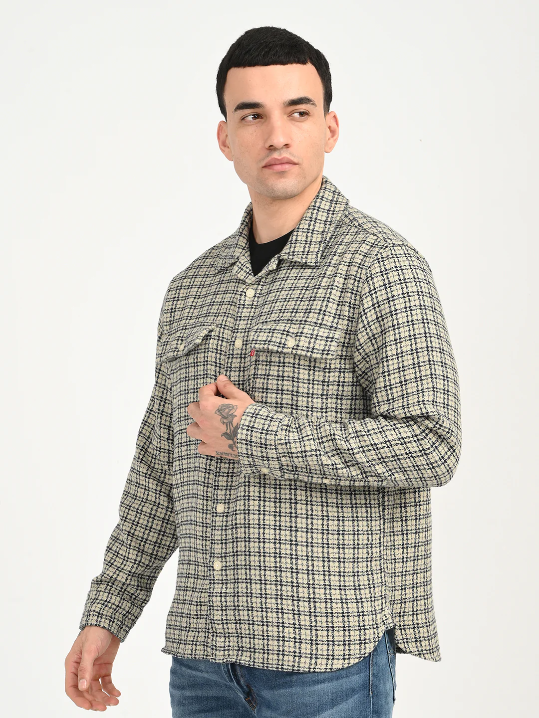 Men's Checkered Beige Slim Fit Camp Shirt - Image 5
