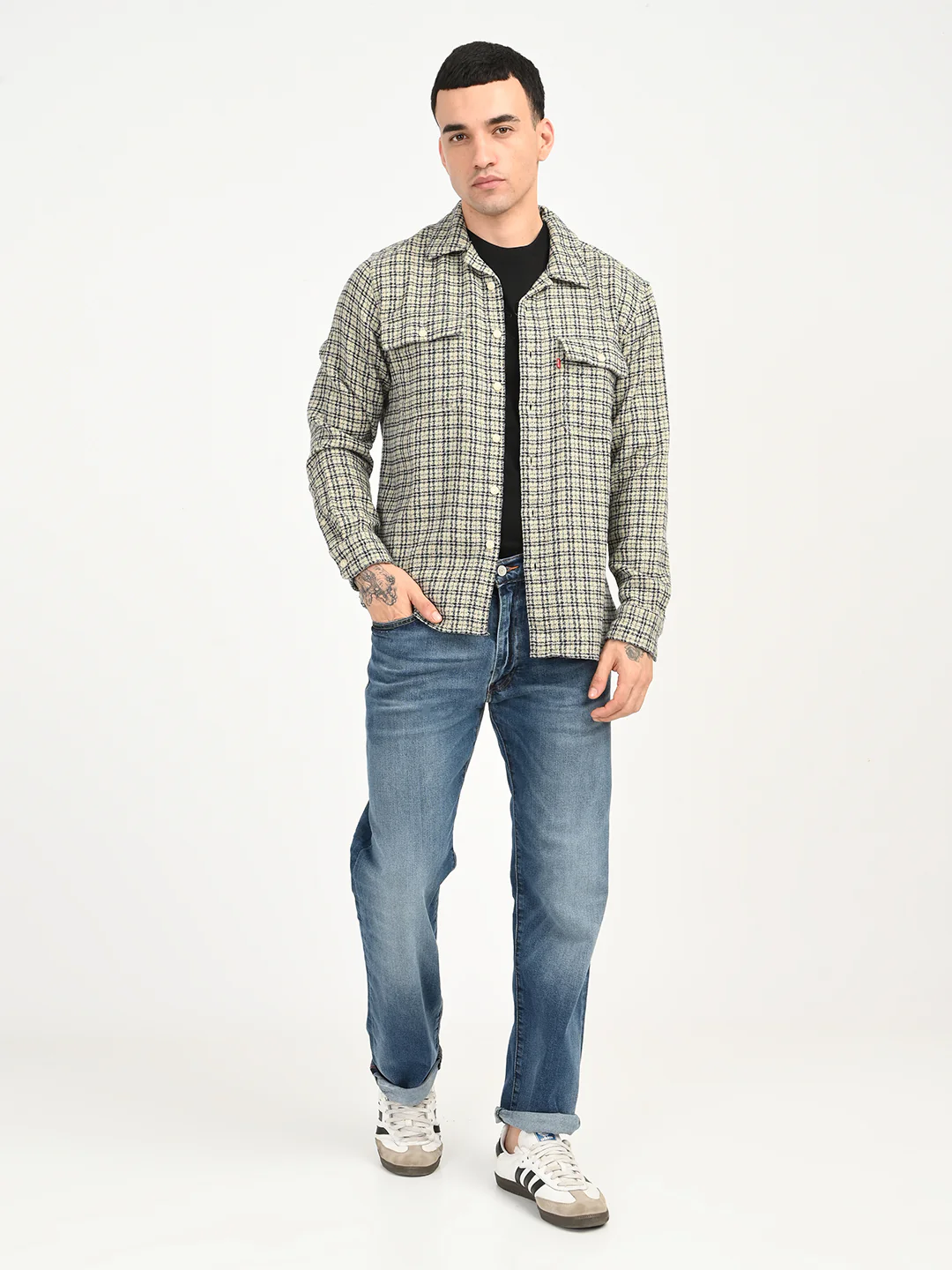 Men's Checkered Beige Slim Fit Camp Shirt - Image 6