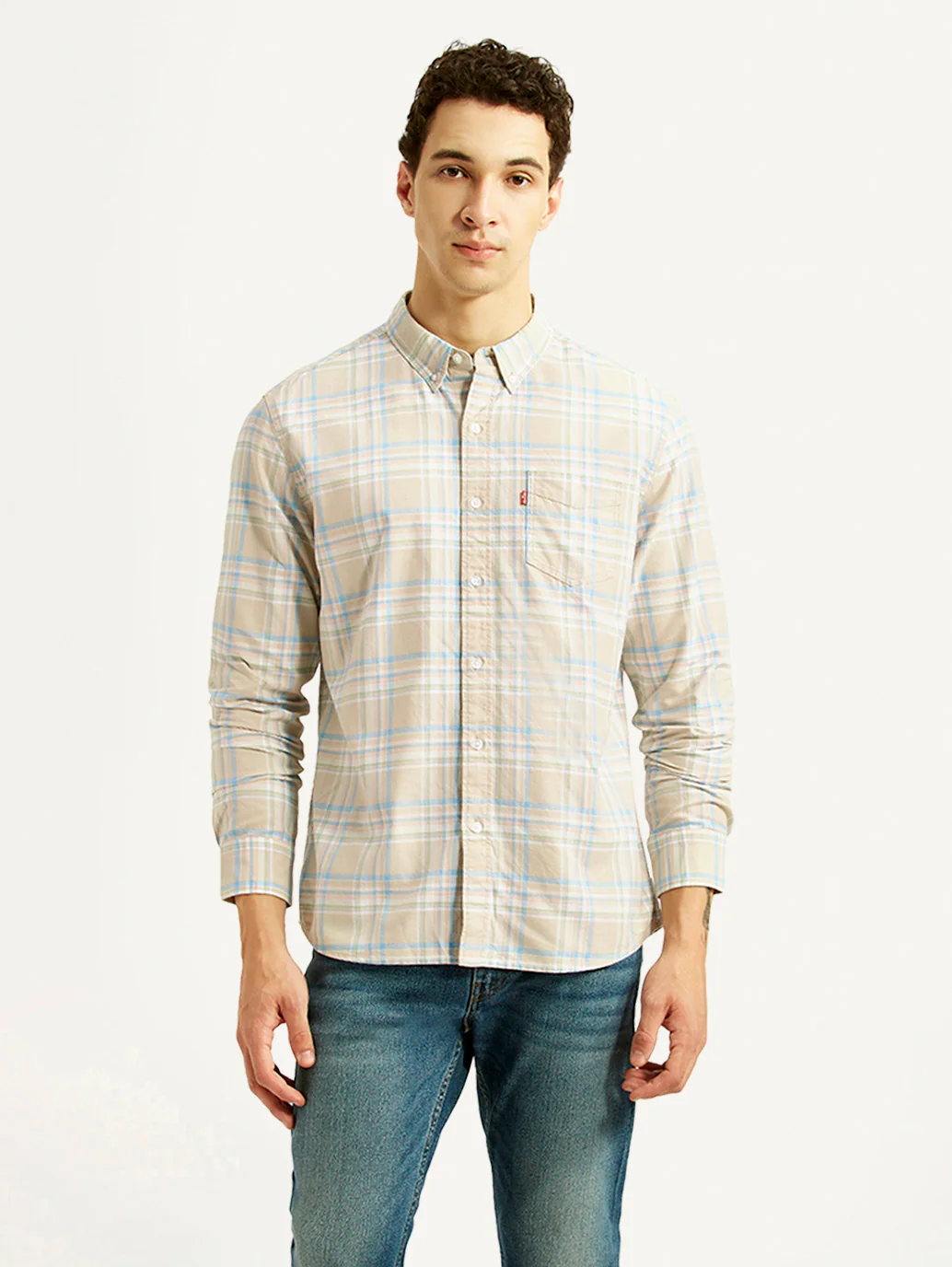 Men's Checkered Beige Slim Fit Oxford Shirt - Image 2
