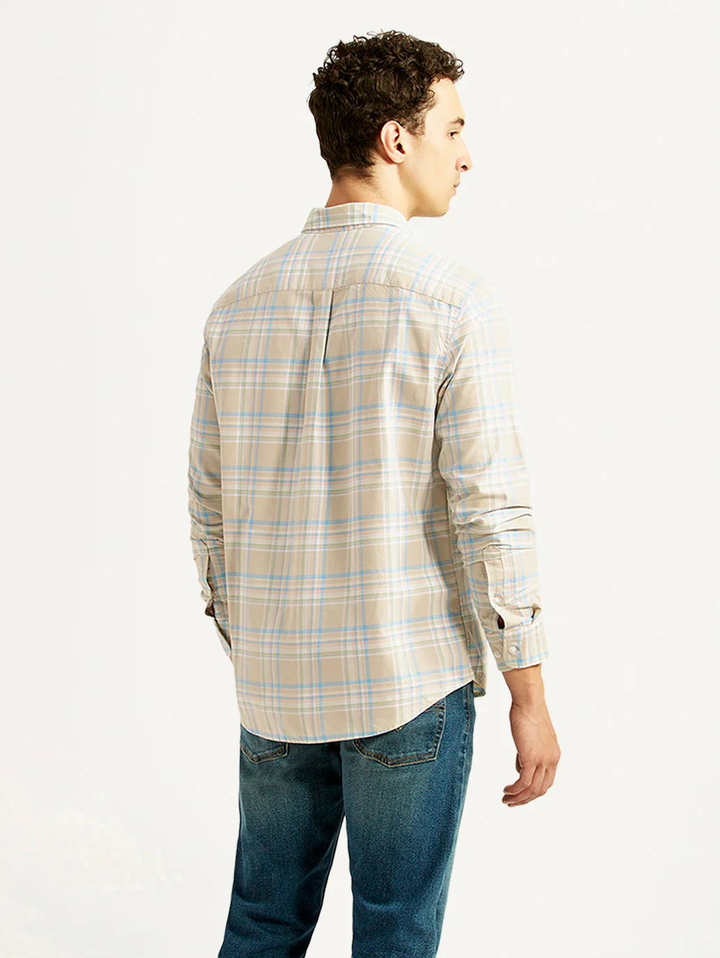 Men's Checkered Beige Slim Fit Oxford Shirt - Image 3