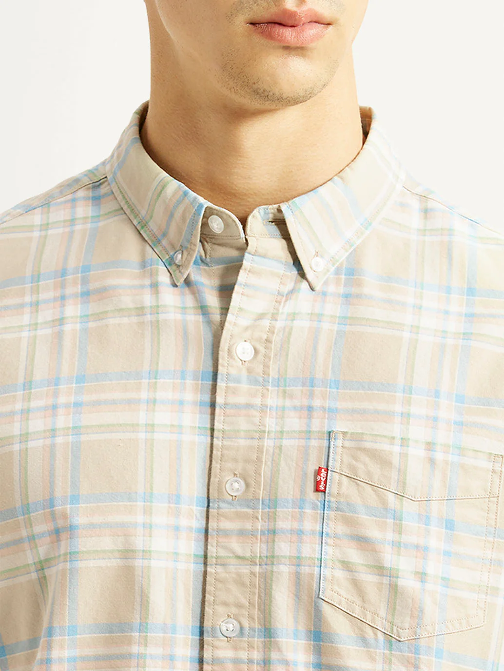 Men's Checkered Beige Slim Fit Oxford Shirt - Image 4
