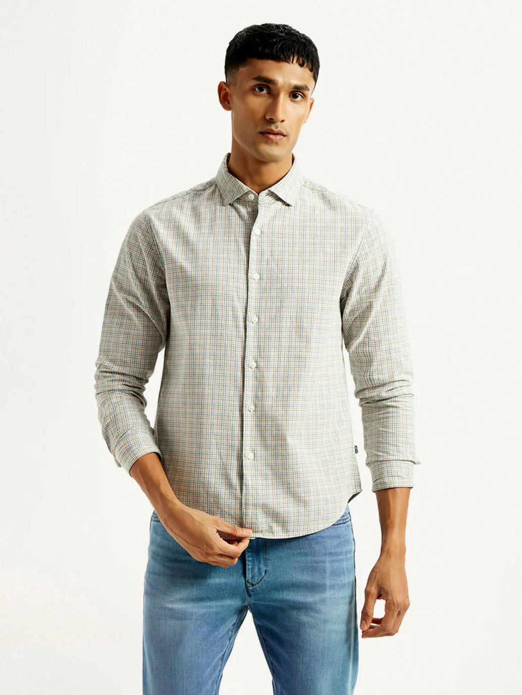 Men's Redloop Checkered Beige Slim Fit Shirt - Image 3
