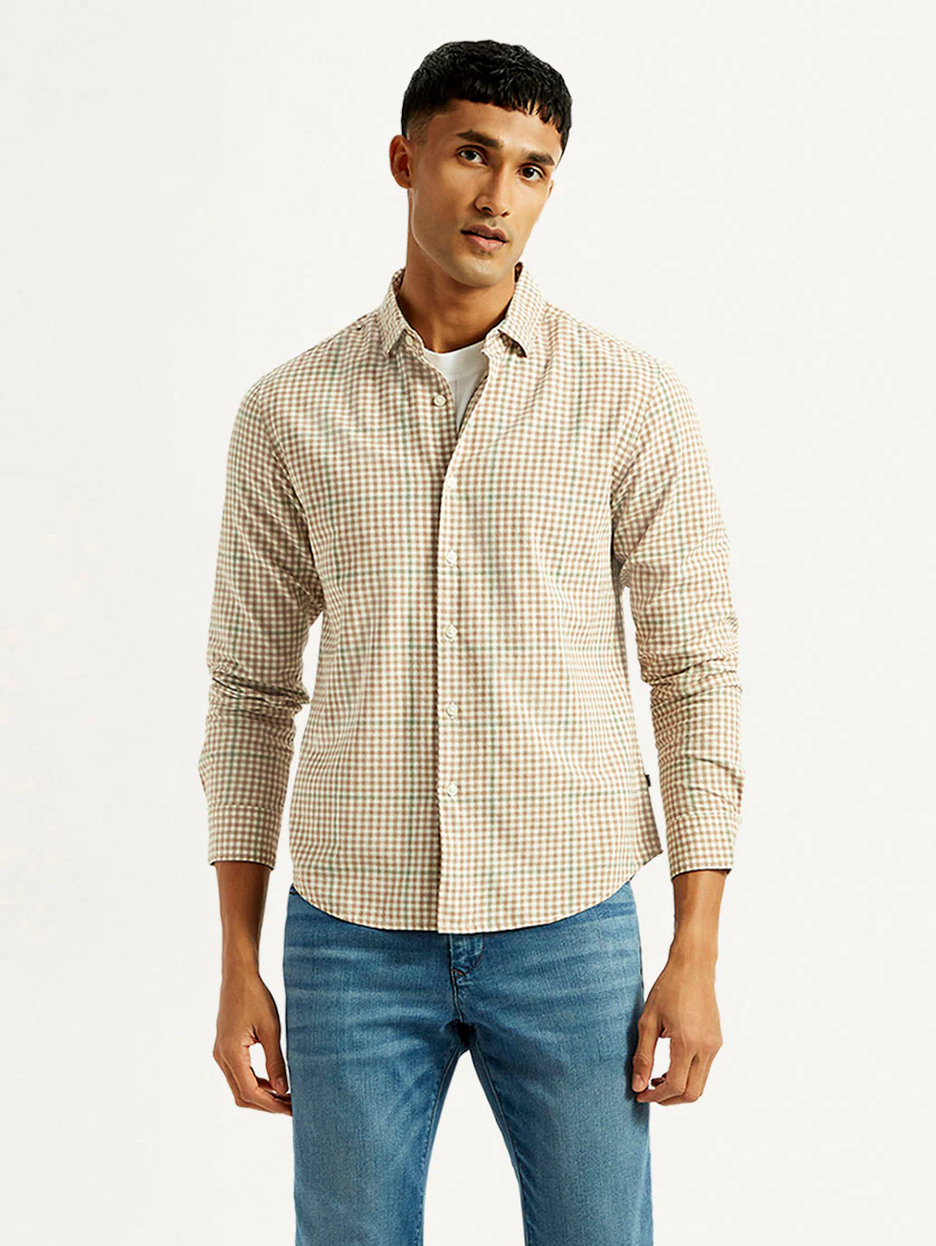 Men's Checkered Peach Slim Fit Shirt - Image 2
