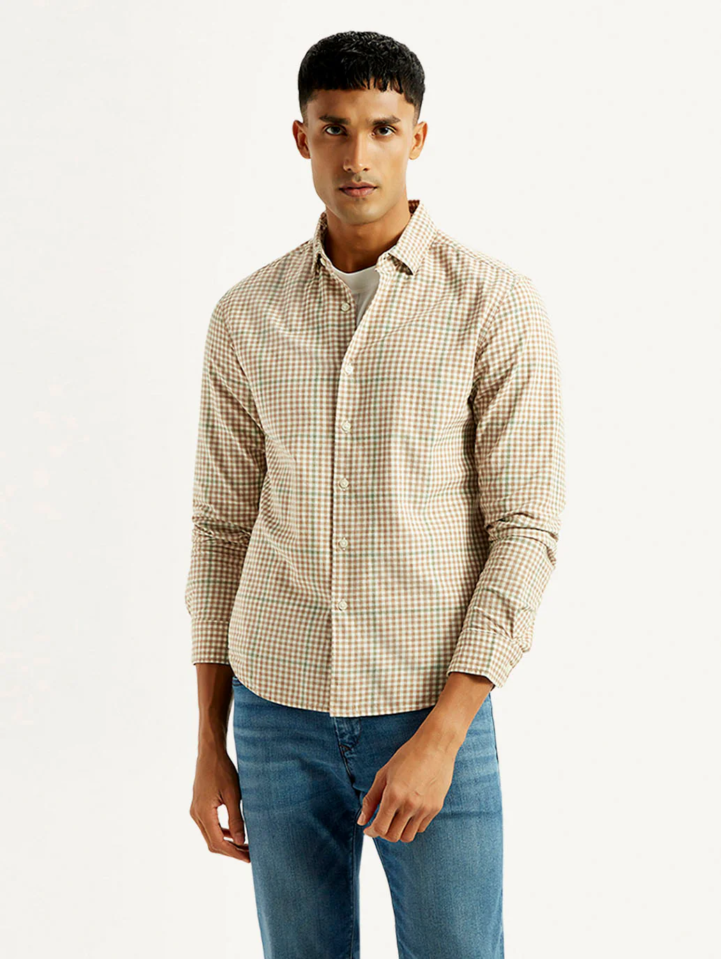 Men's Checkered Peach Slim Fit Shirt - Image 3