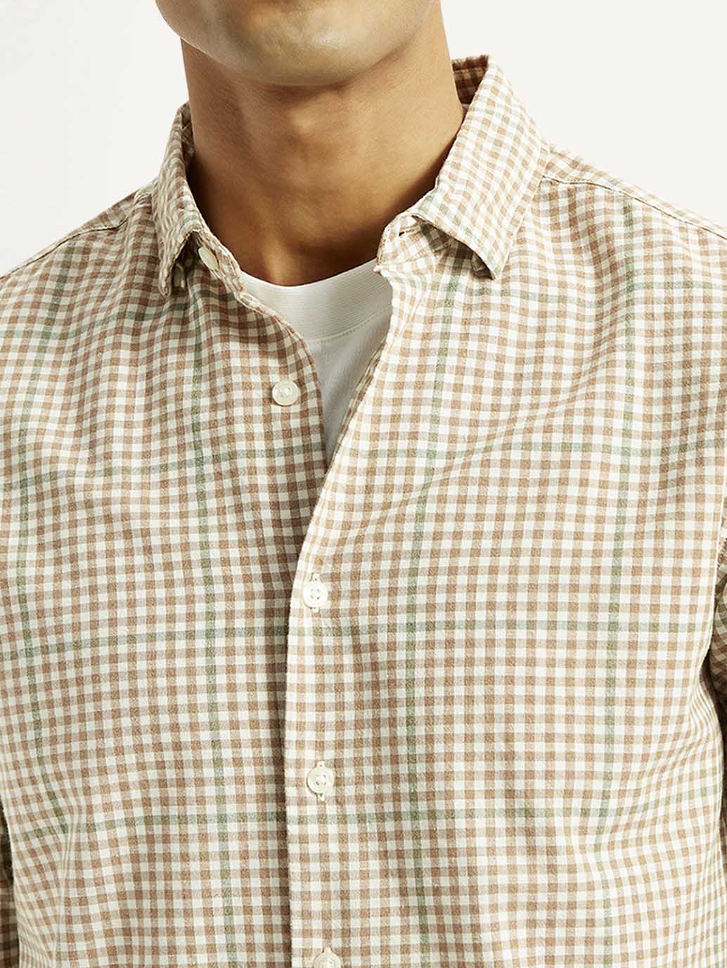 Men's Checkered Peach Slim Fit Shirt - Image 5