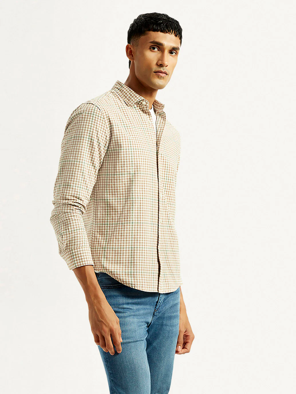 Men's Checkered Peach Slim Fit Shirt - Image 6