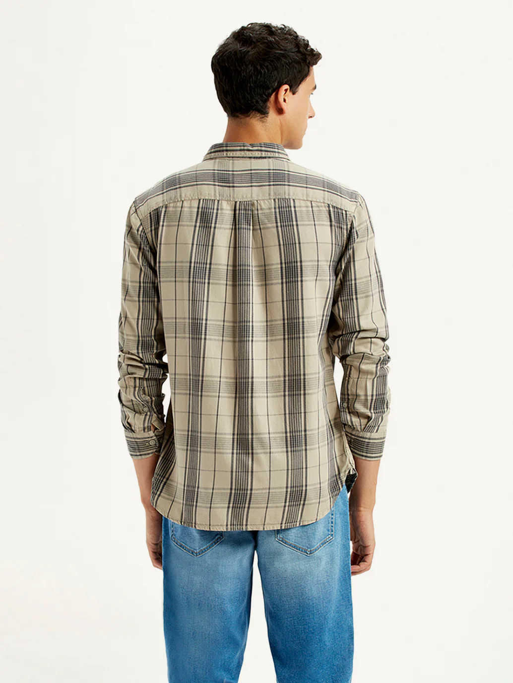Men's Checkered Beige Slim Fit Shirt - Image 2