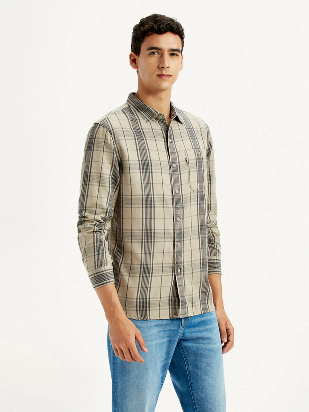 Men's Checkered Beige Slim Fit Shirt - Image 4