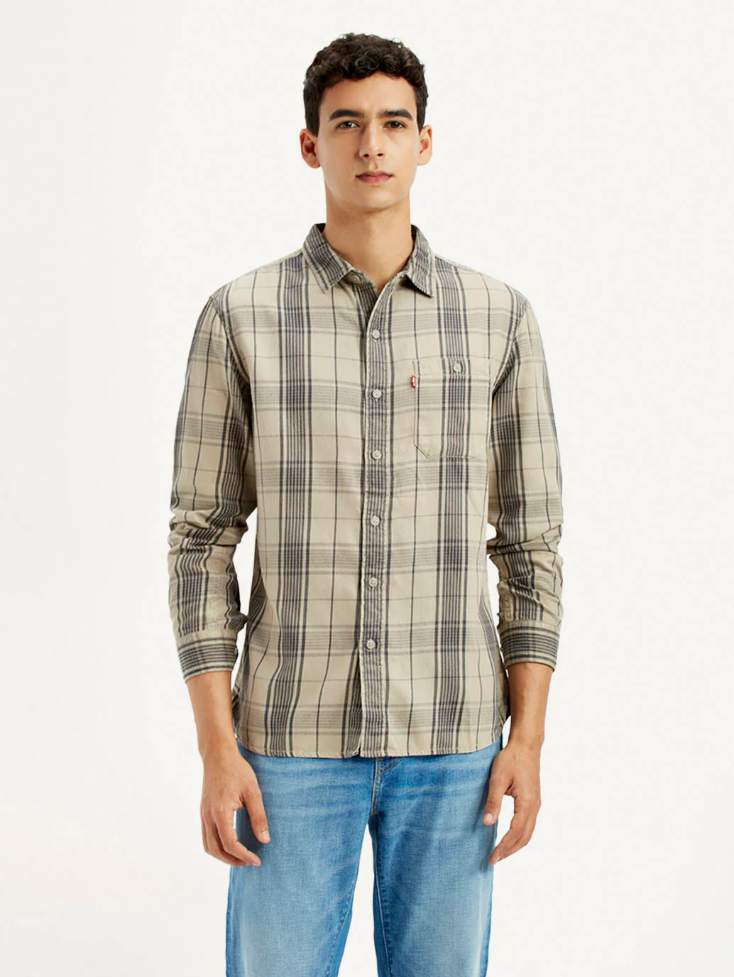 Men's Checkered Beige Slim Fit Shirt - Image 5