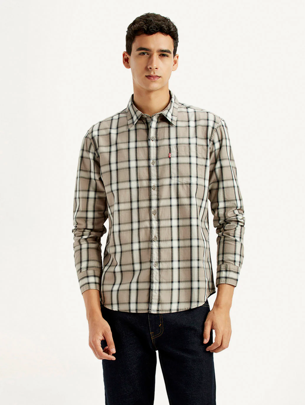 Men's Checkered Beige Slim Fit Shirt - Image 2