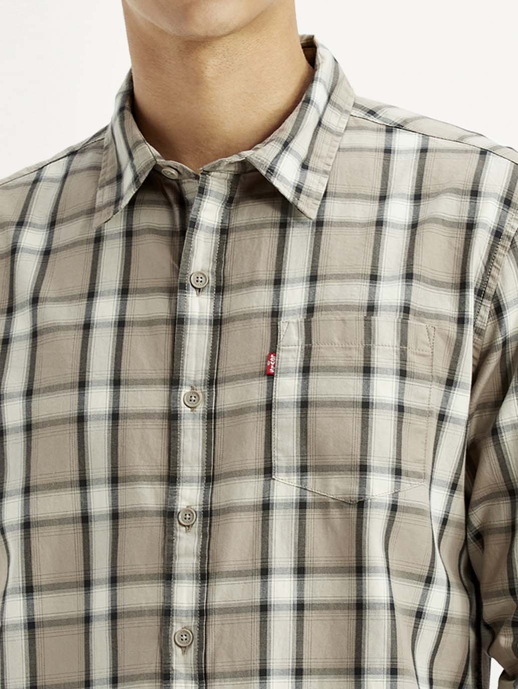 Men's Checkered Beige Slim Fit Shirt - Image 4