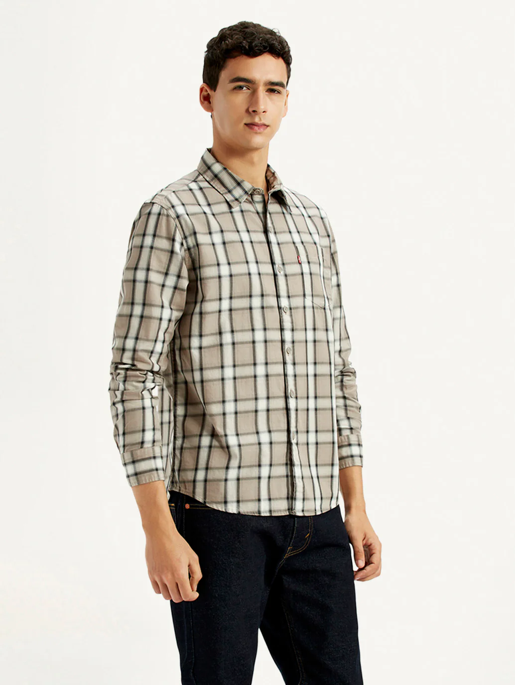 Men's Checkered Beige Slim Fit Shirt - Image 5