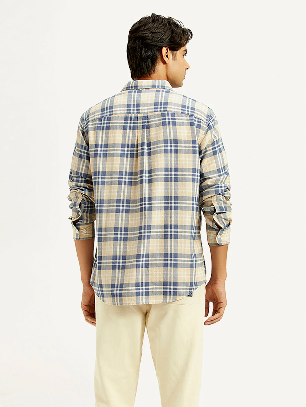Men's Checkered Beige Slim Fit Shirt - Image 2