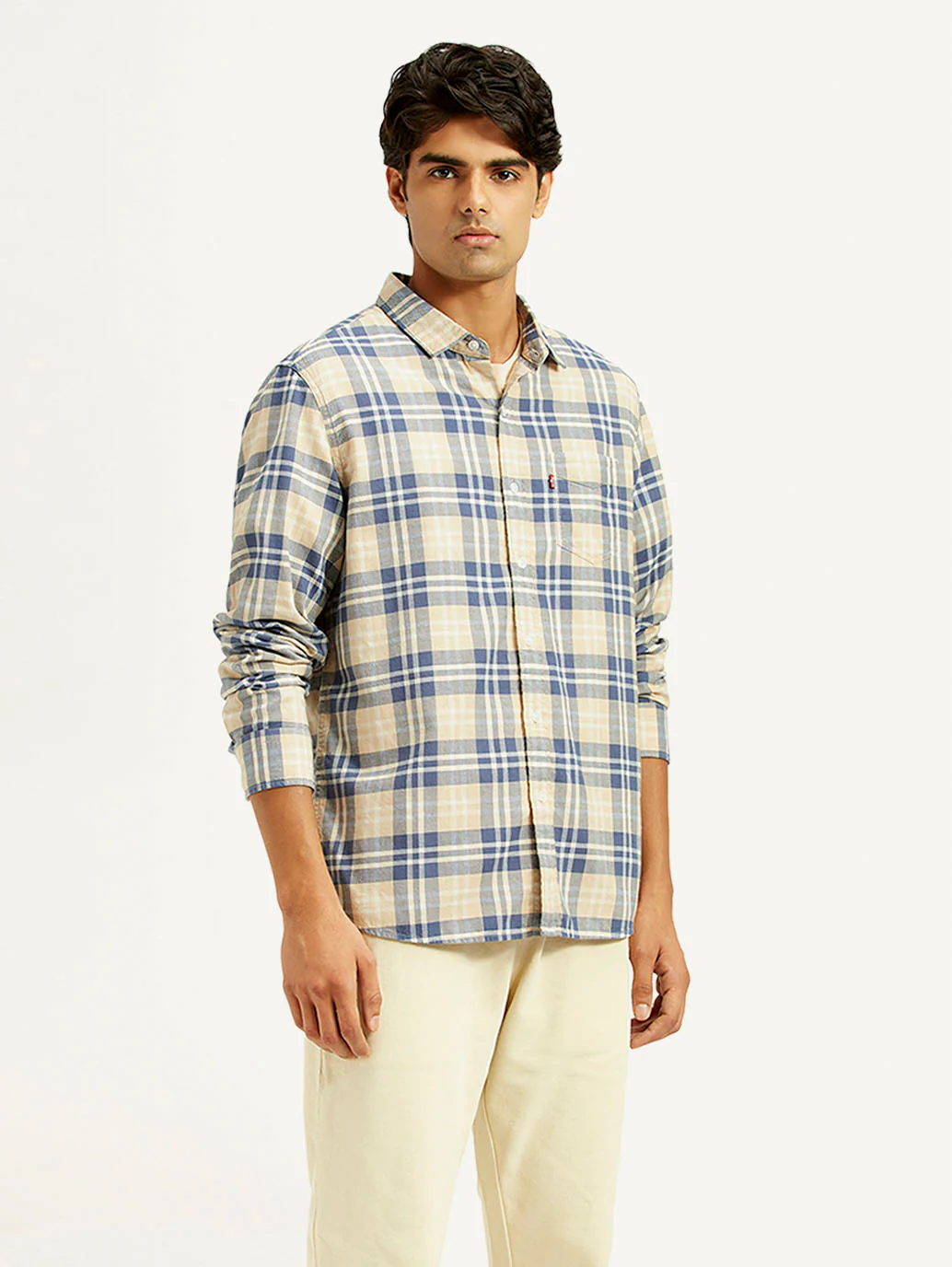Men's Checkered Beige Slim Fit Shirt - Image 4