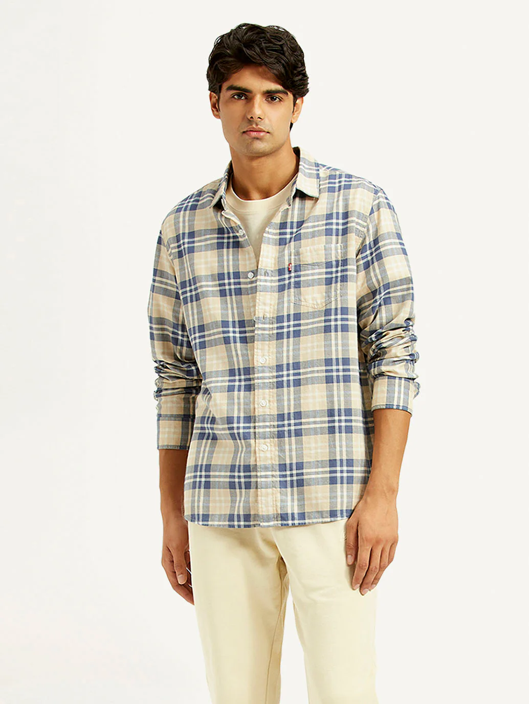 Men's Checkered Beige Slim Fit Shirt - Image 5