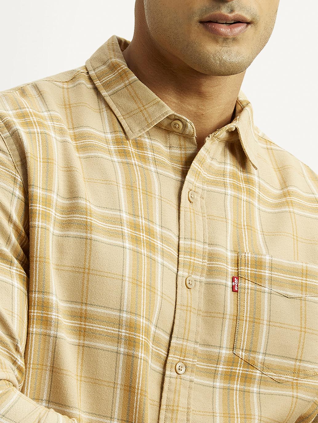 Men's Checkered Beige Slim Fit Shirt - Image 3