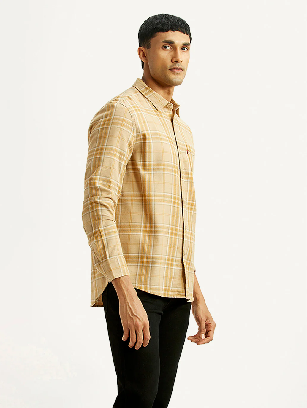 Men's Checkered Beige Slim Fit Shirt - Image 4