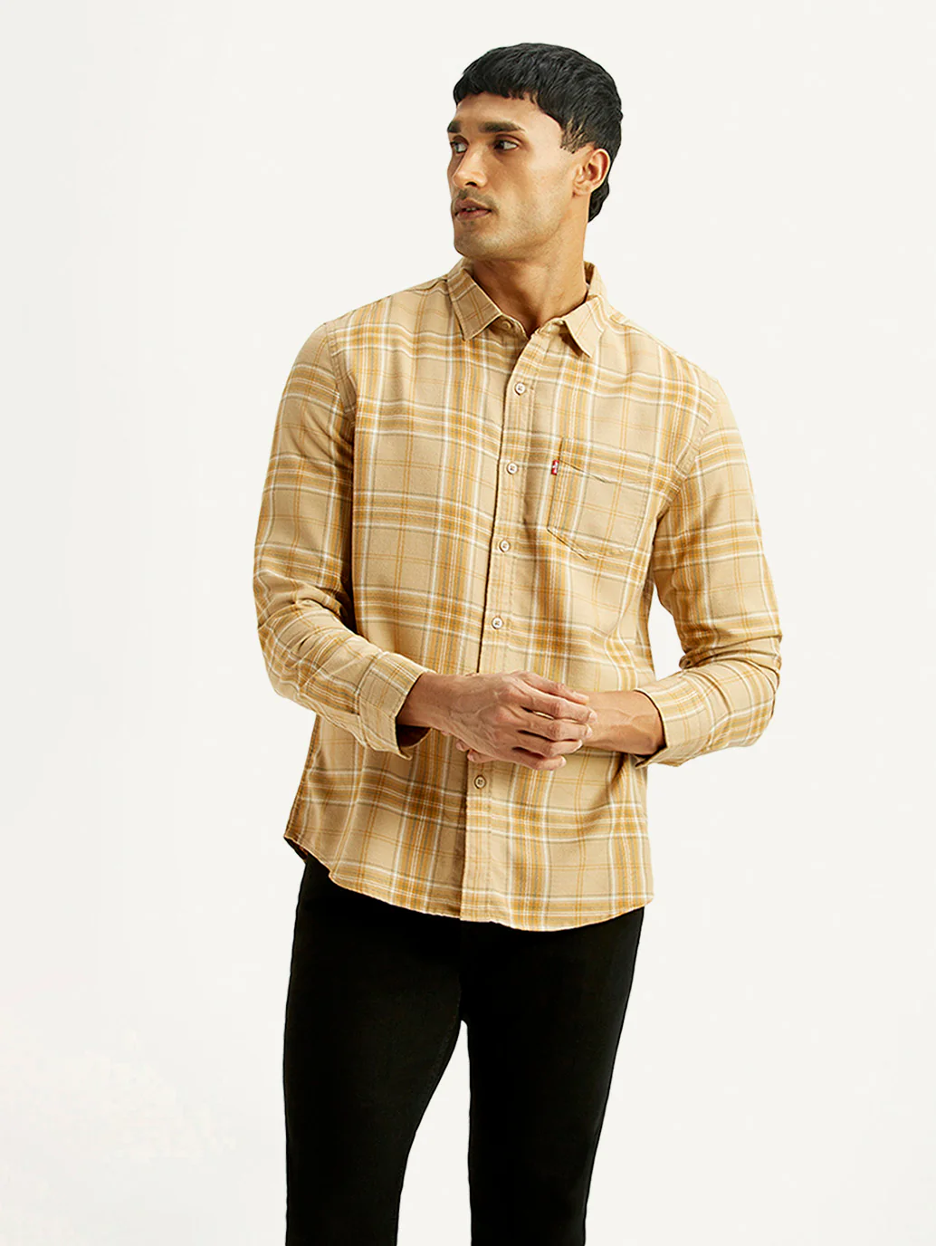 Men's Checkered Beige Slim Fit Shirt - Image 5