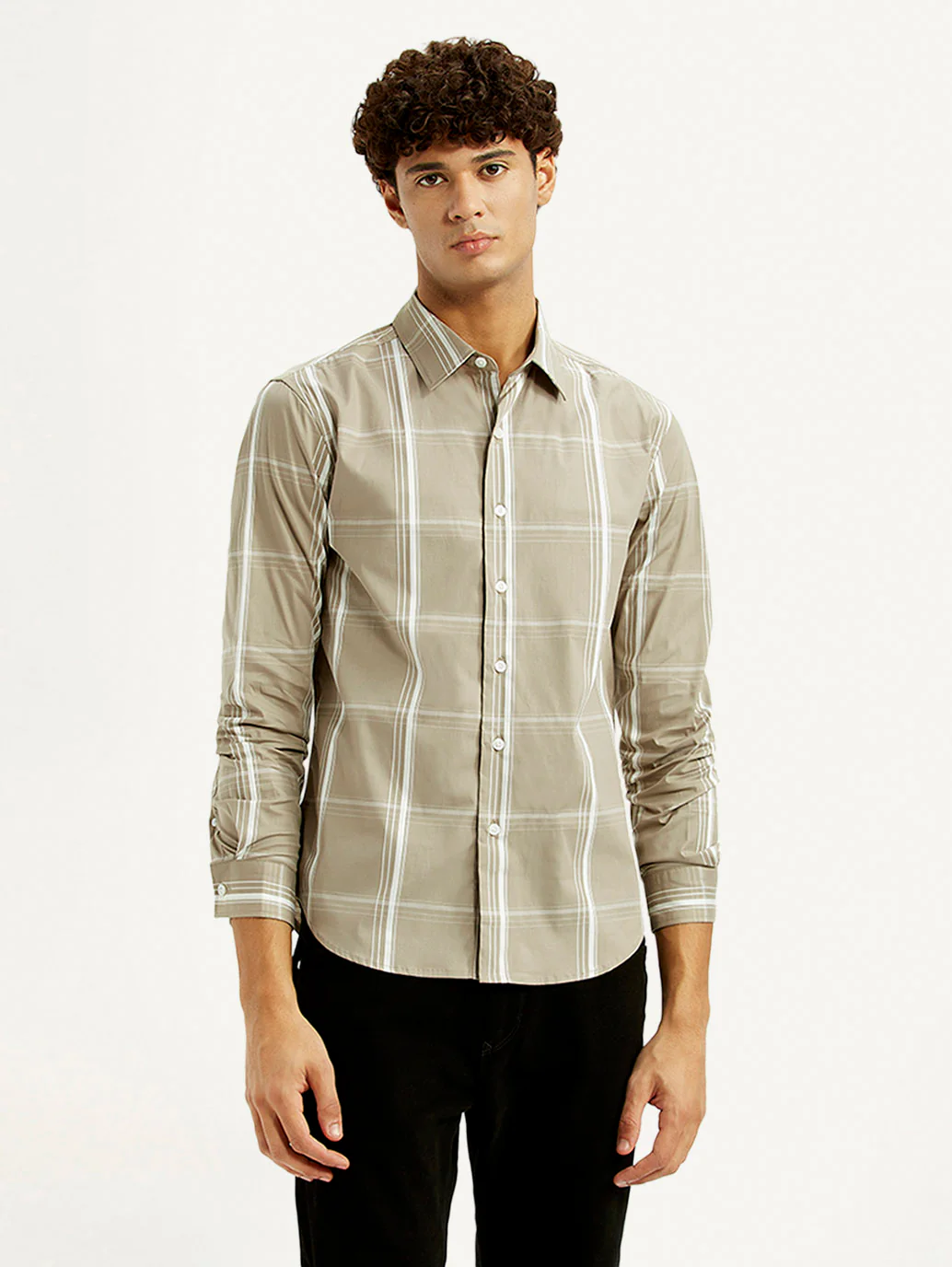 Men's Checkered Beige Slim Fit Shirt - Image 2