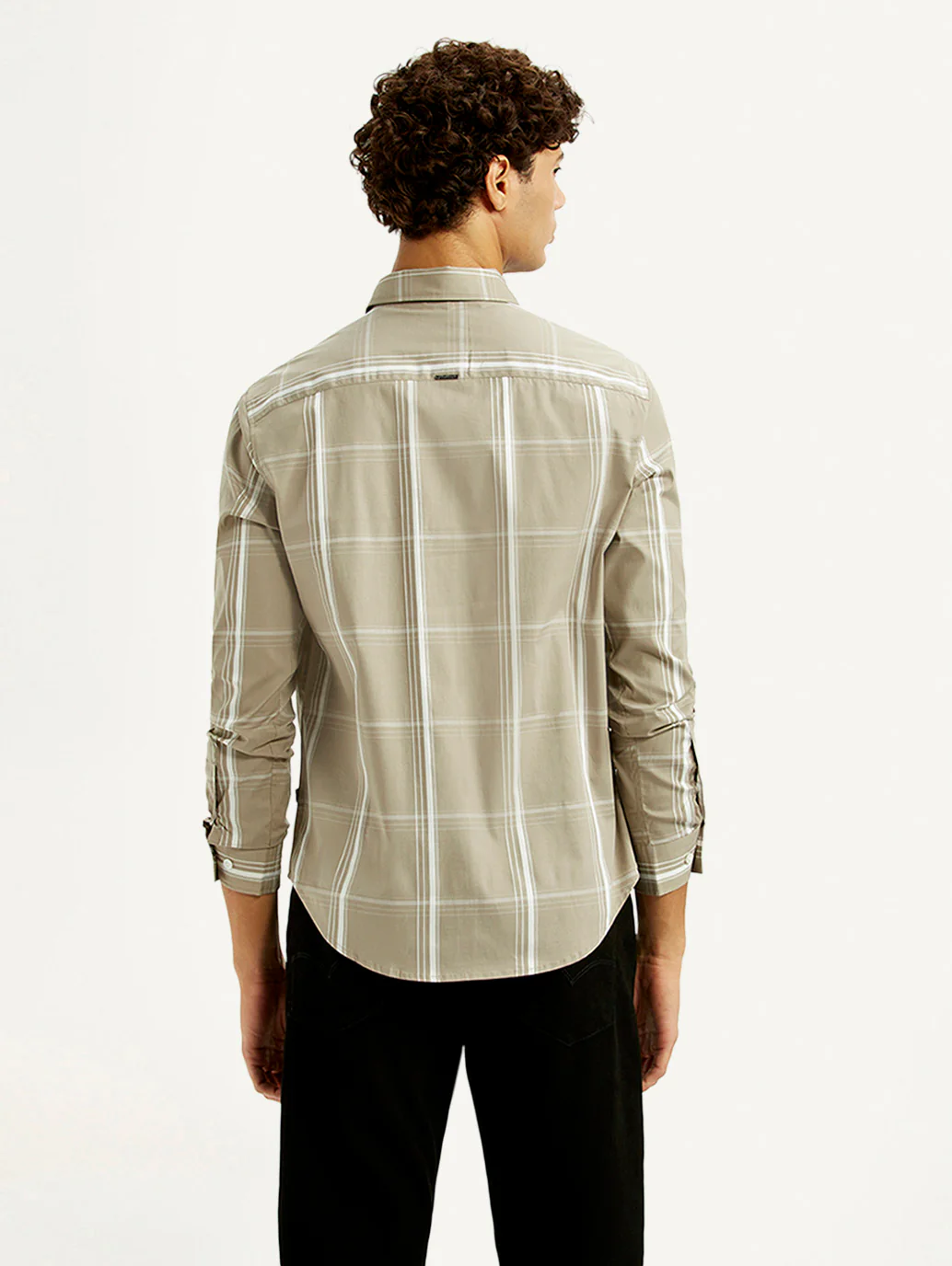 Men's Checkered Beige Slim Fit Shirt - Image 3