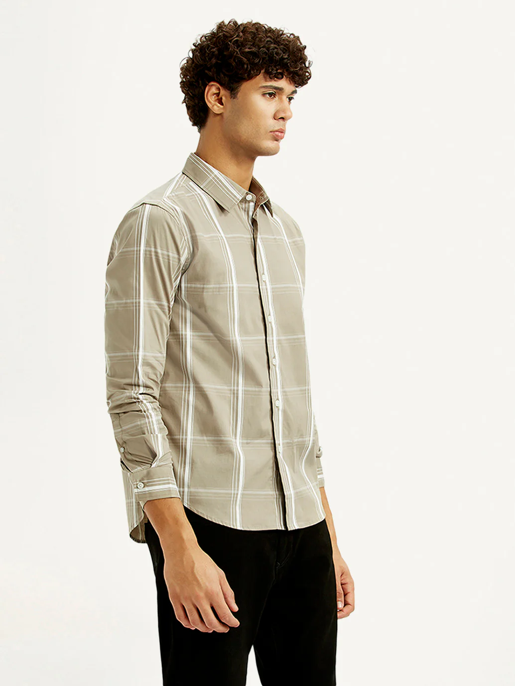 Men's Checkered Beige Slim Fit Shirt - Image 5