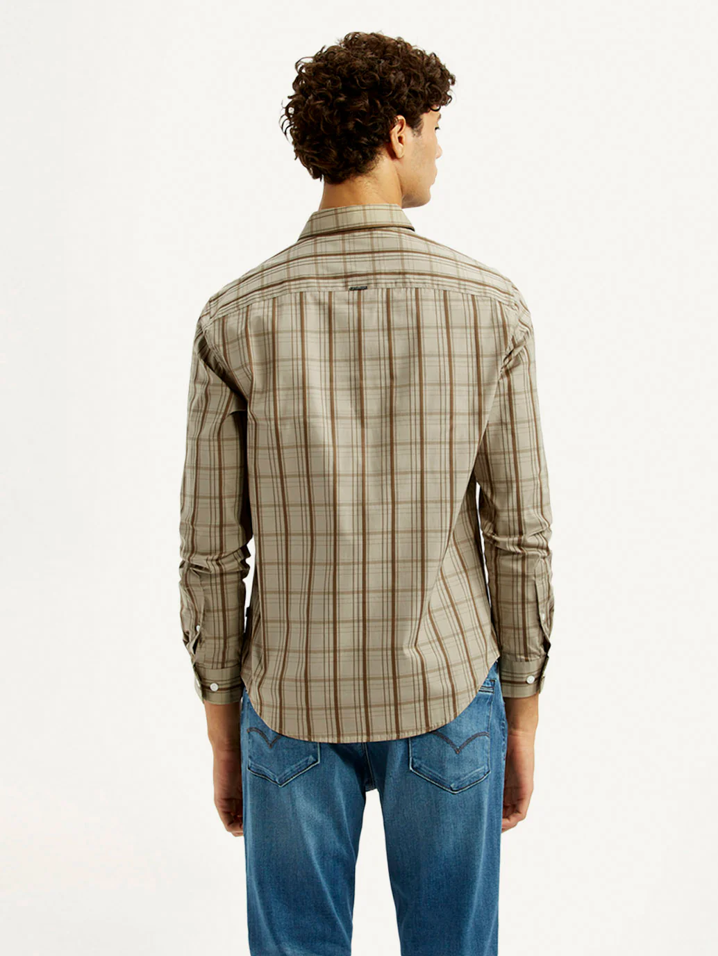 Men's Checkered Beige Slim Fit Shirt - Image 3