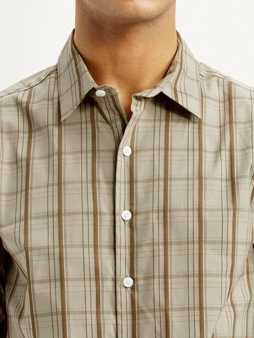 Men's Checkered Beige Slim Fit Shirt - Image 4