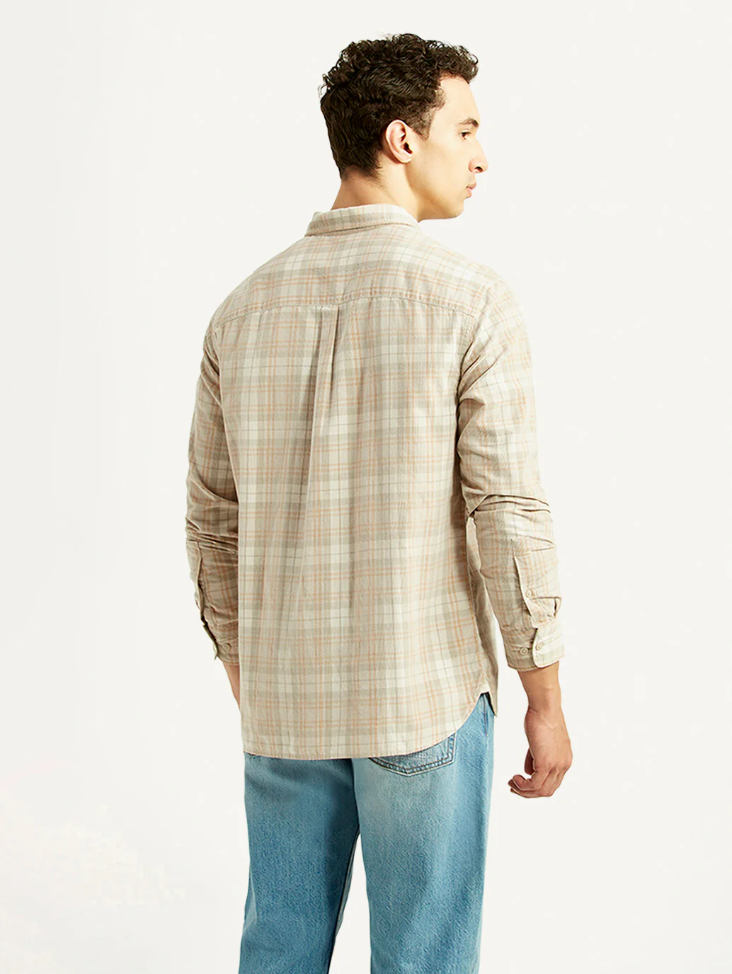 Men's Checkered Beige Slim Fit Corduroy Shirt - Image 2