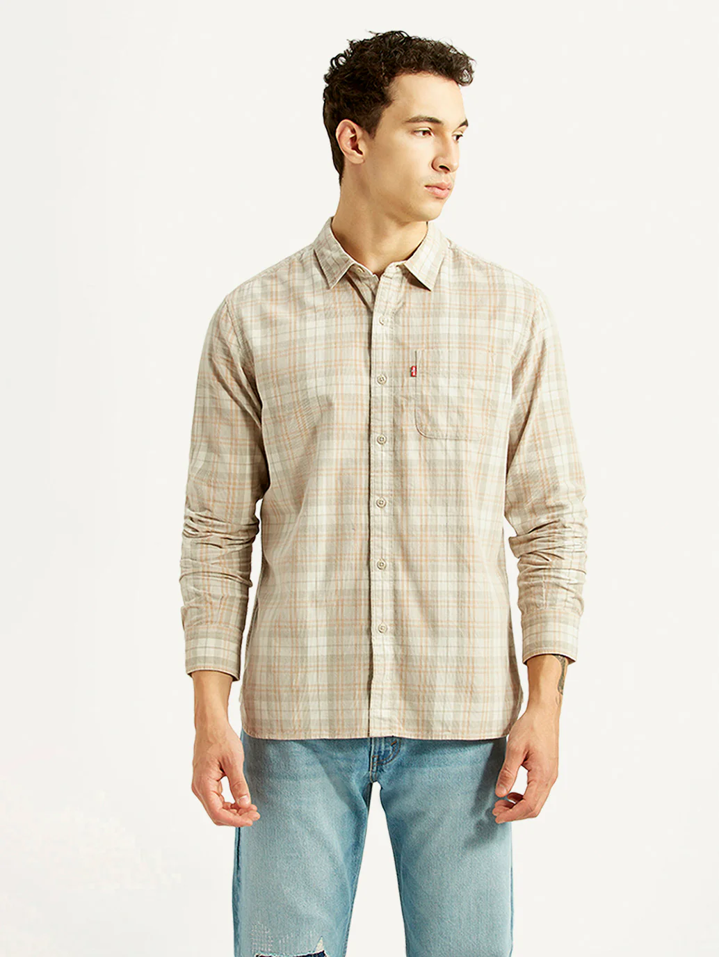 Men's Checkered Beige Slim Fit Corduroy Shirt - Image 3