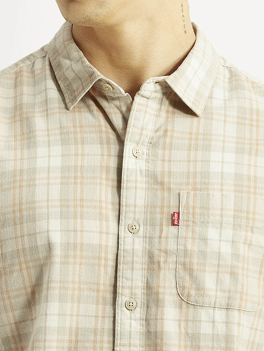 Men's Checkered Beige Slim Fit Corduroy Shirt - Image 4