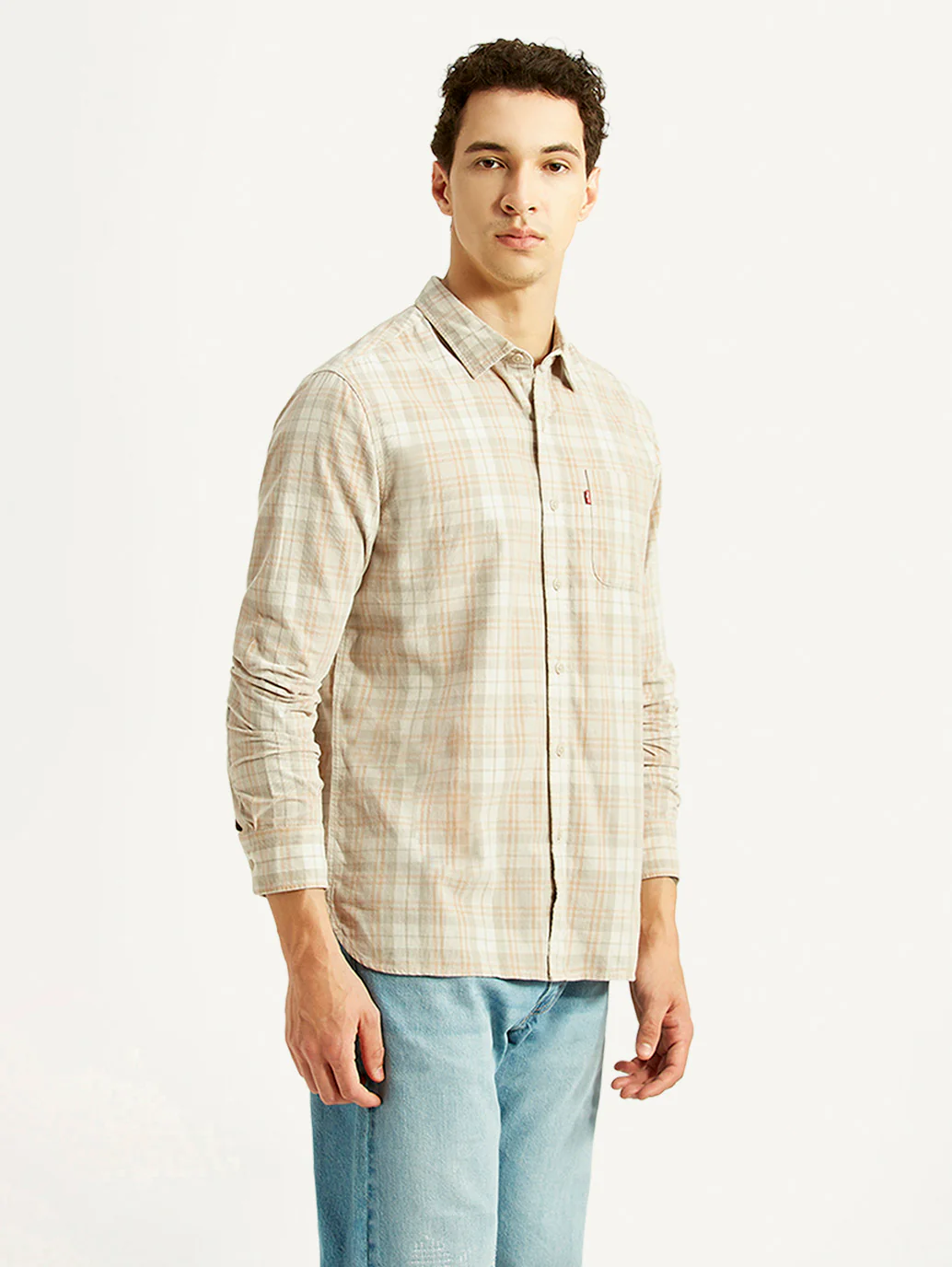 Men's Checkered Beige Slim Fit Corduroy Shirt - Image 5