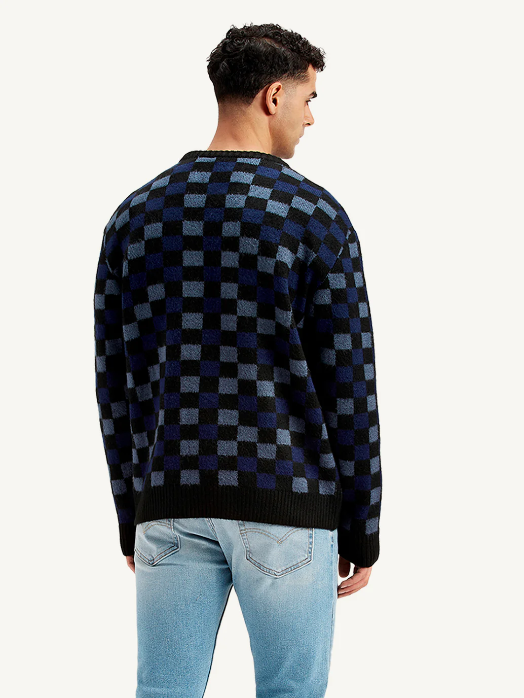 Men's Checkered Black Crew Neck Sweater - Image 2