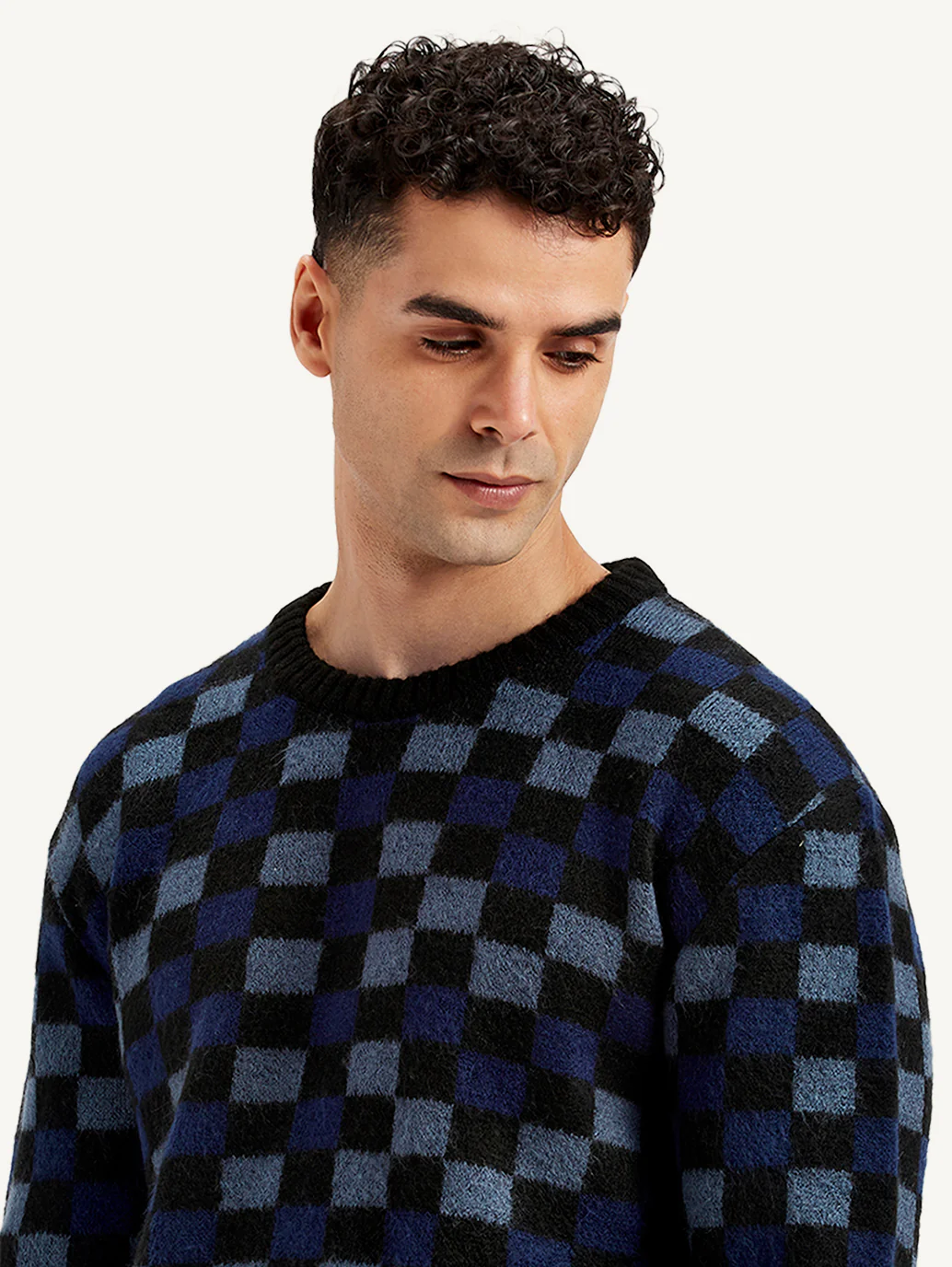 Men's Checkered Black Crew Neck Sweater - Image 3