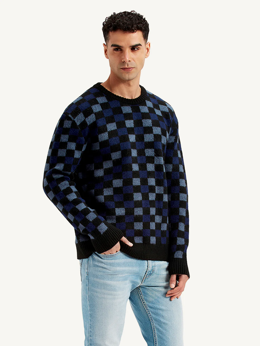 Men's Checkered Black Crew Neck Sweater - Image 4