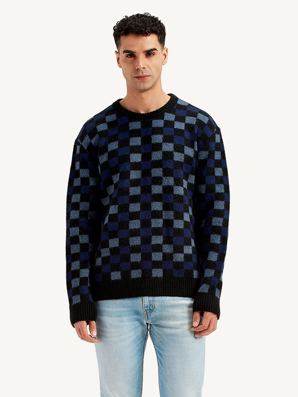 Men's Checkered Black Crew Neck Sweater - Image 5