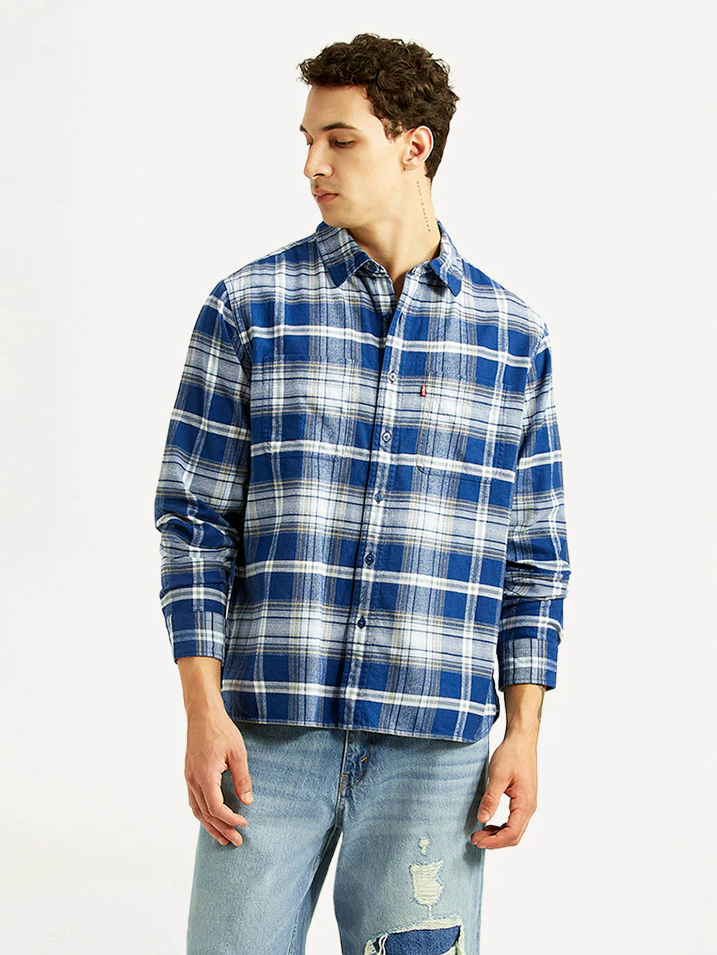 Men's Checkered Blue Relaxed Fit Flannel Shirt - Image 5