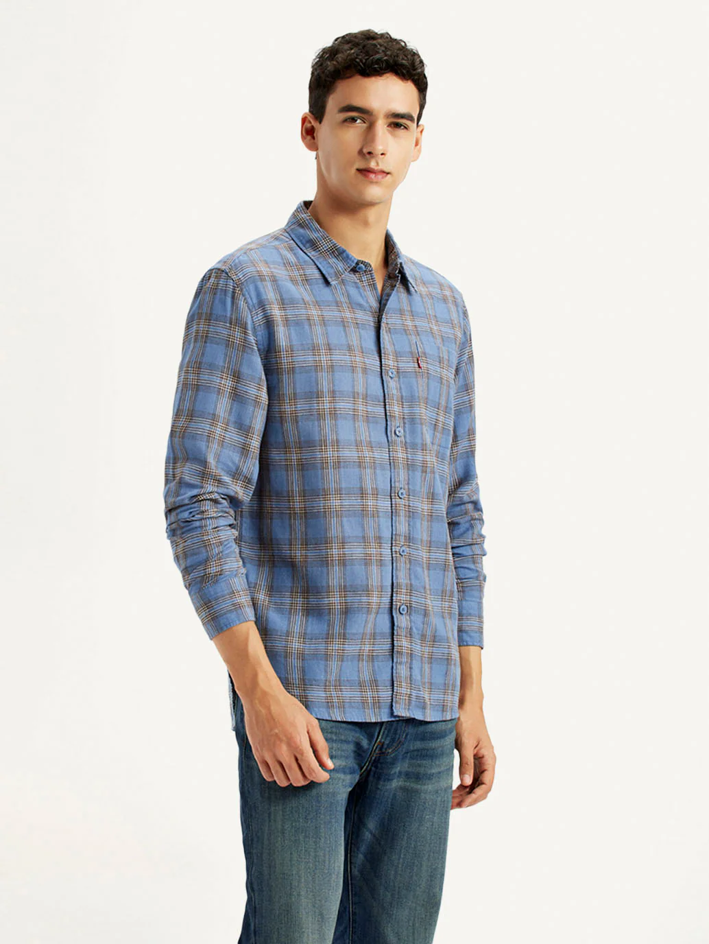 Men's Checkered Blue Slim Fit Linen Shirt - Image 5