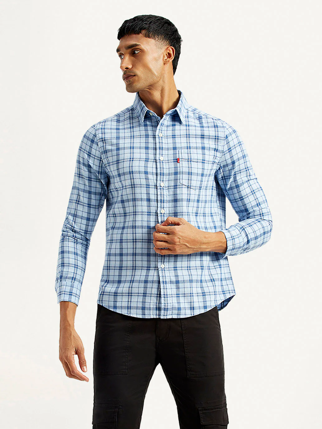 Men's Checkered Blue Slim Fit Shirt - Image 3