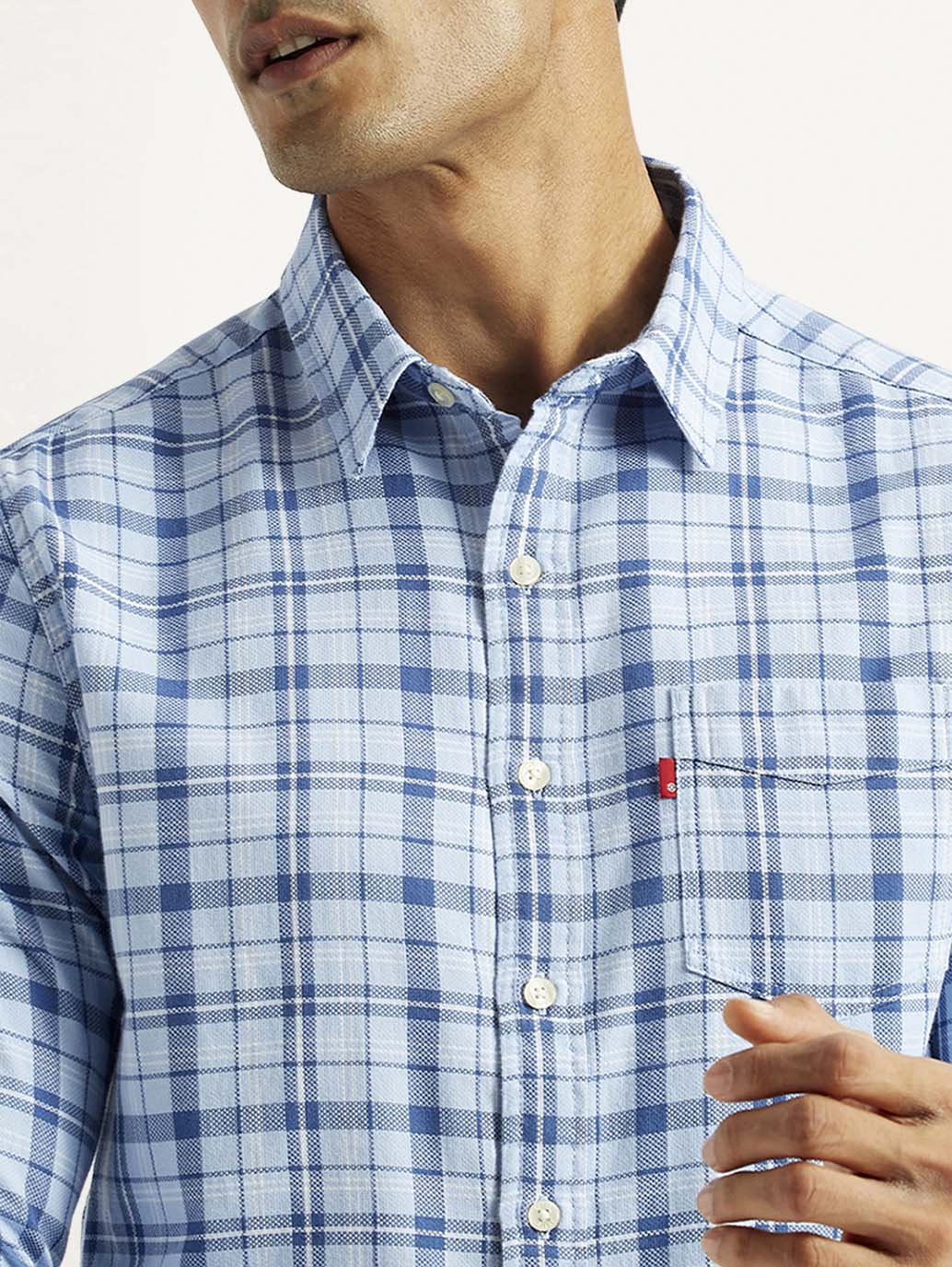 Men's Checkered Blue Slim Fit Shirt - Image 4