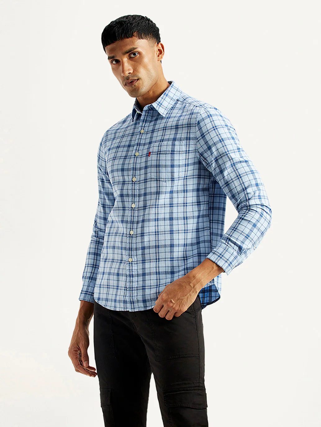 Men's Checkered Blue Slim Fit Shirt - Image 5