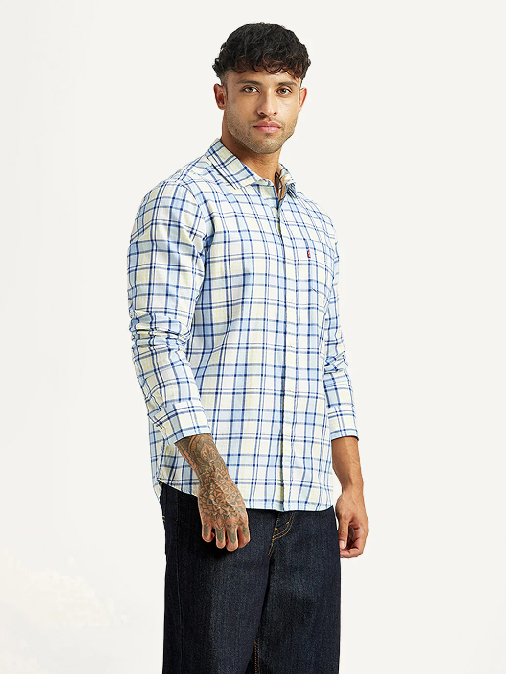 Men's Checkered Blue Slim Fit Shirt - Image 4