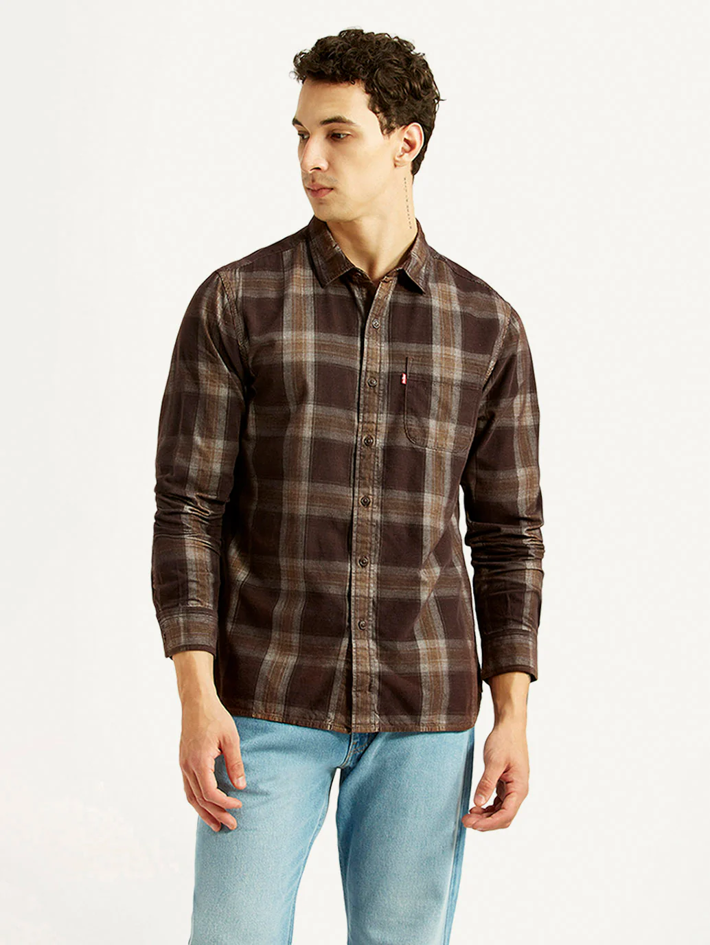 Men's Checkered Brown Slim Fit Corduroy Shirt - Image 2