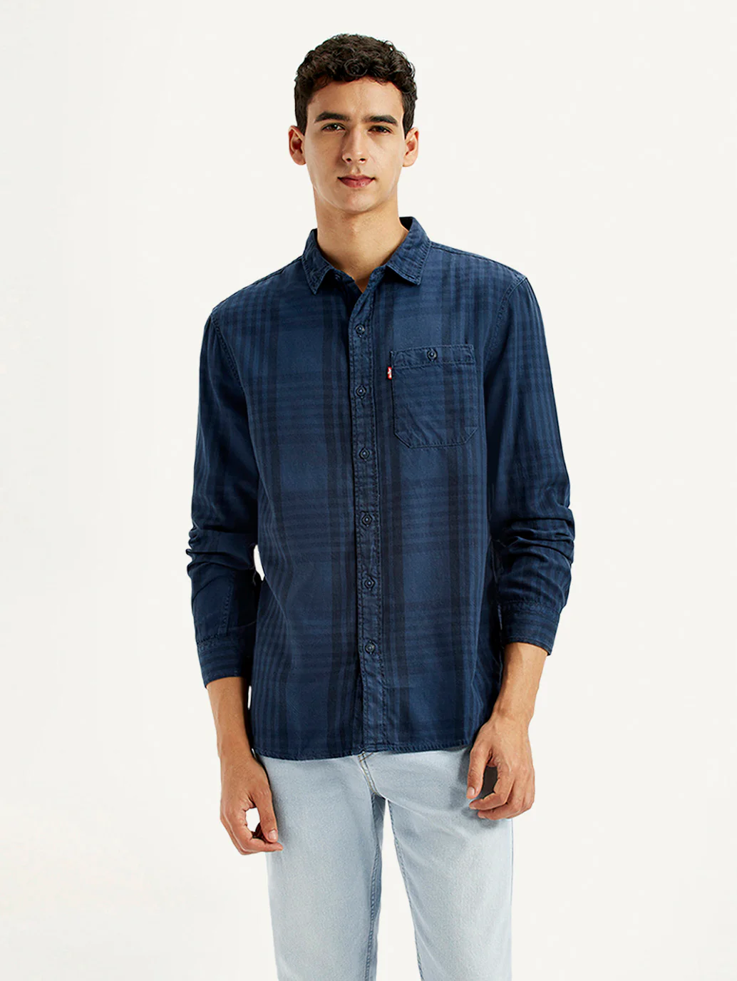 Men's Checkered Dark Blue Slim Fit Shirt - Image 2