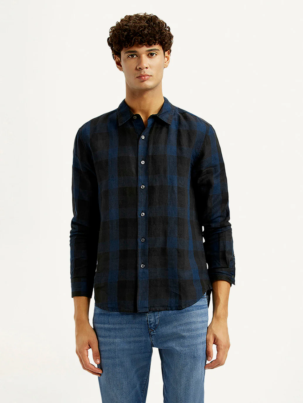 Men's Checkered Dark Blue Slim Fit Shirt - Image 2