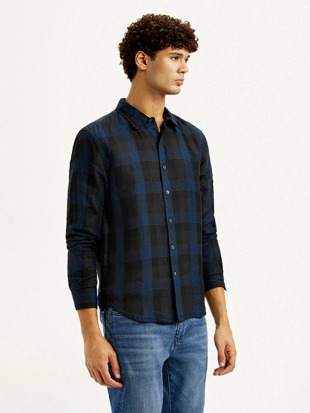 Men's Checkered Dark Blue Slim Fit Shirt - Image 5