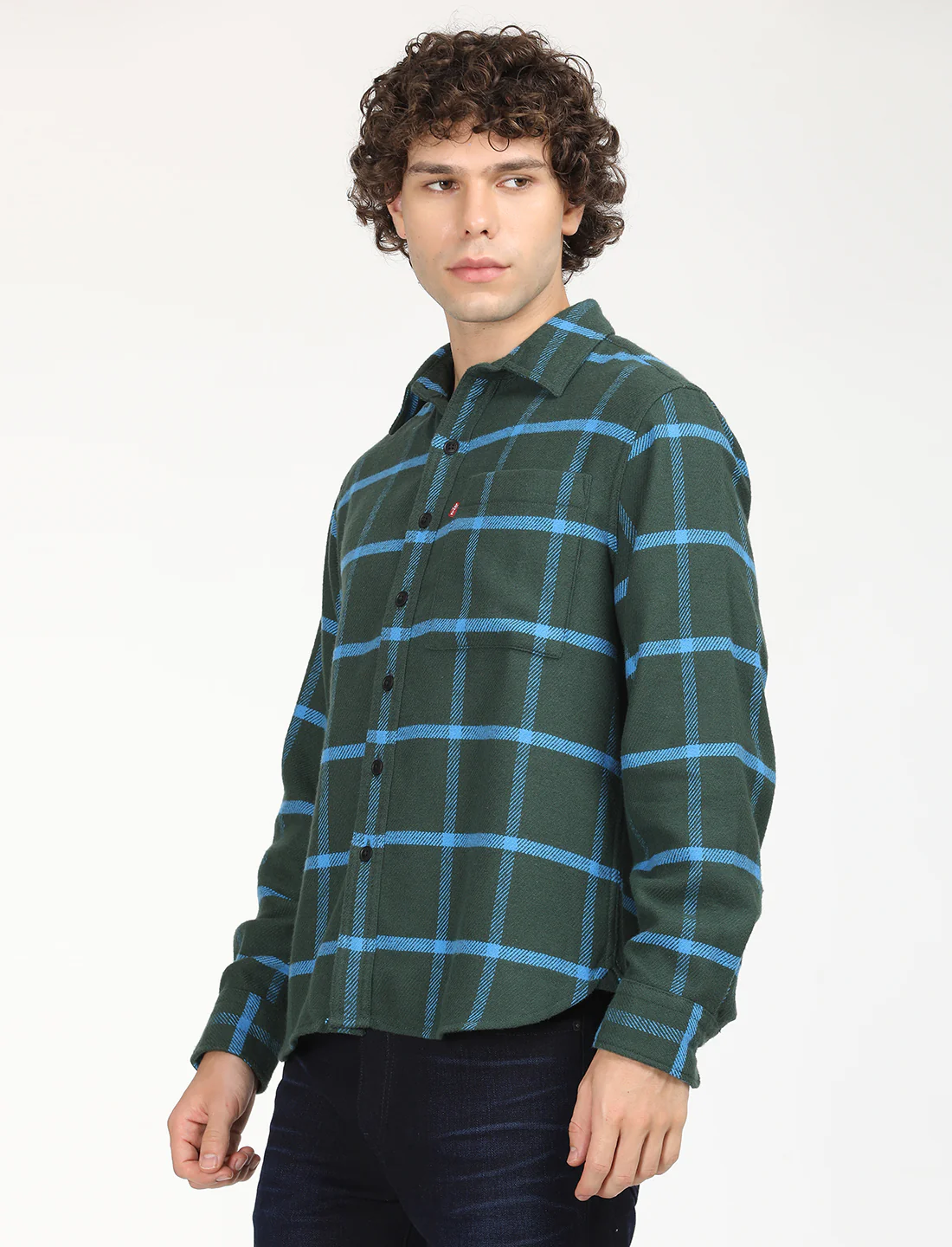 Men's Checkered Dark Green Spread Collar Shacket - Image 2