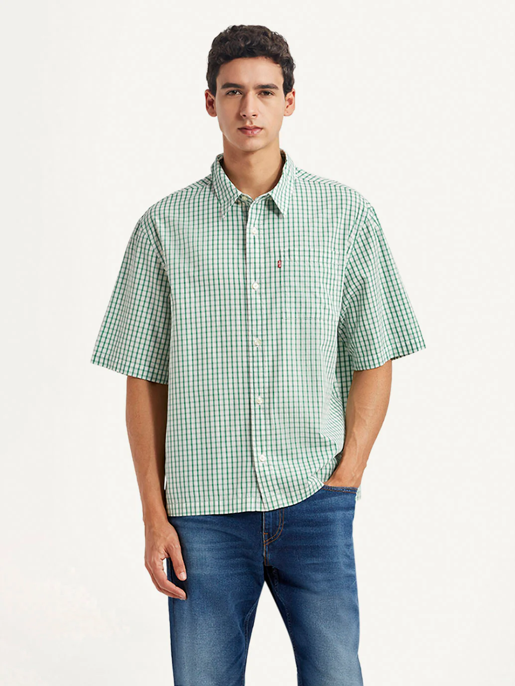 Men's Checkered Green Boxy Shirt - Image 2